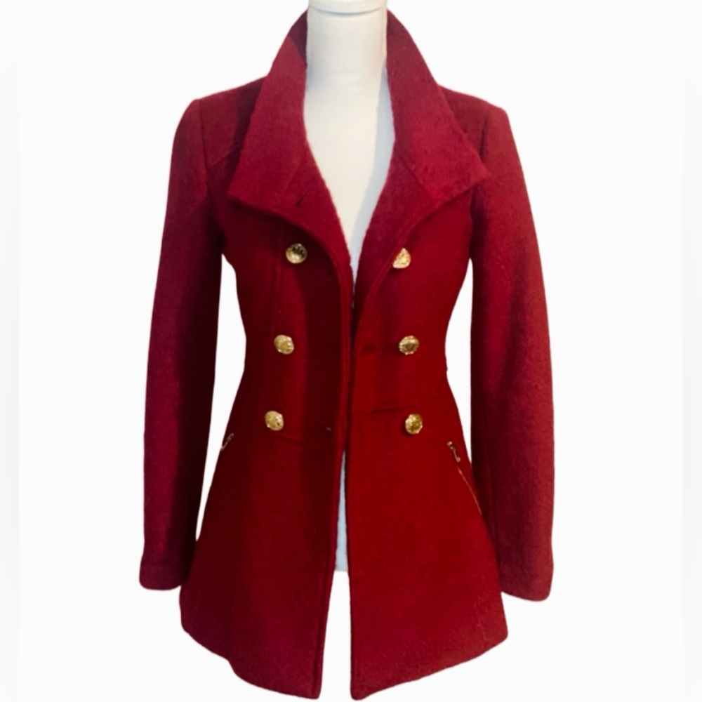 Guess Women’s Peacoat Boucle Cranberry Red Gold Buttons XS